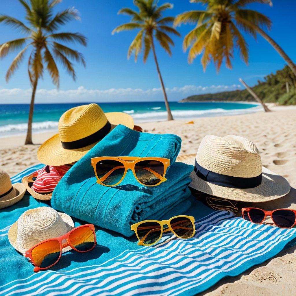 A vibrant and stylish beach scene featuring an array of summer essentials such as colorful beach towels, trendy sunglasses, a chic beach bag, sun hats, and sunscreen, all arranged on soft golden sand. Bright blue ocean waves crash in the background under a sunny sky, with palm trees swaying gently. The scene conveys a sense of relaxation and fashion, perfect for summer escapes. super-realistic. bright colors. sunny background.